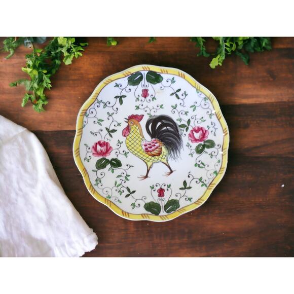 Early Provincial Rooster & Roses Pedestal Platter 1950's Handpainted Japan - Picture 2 of 4